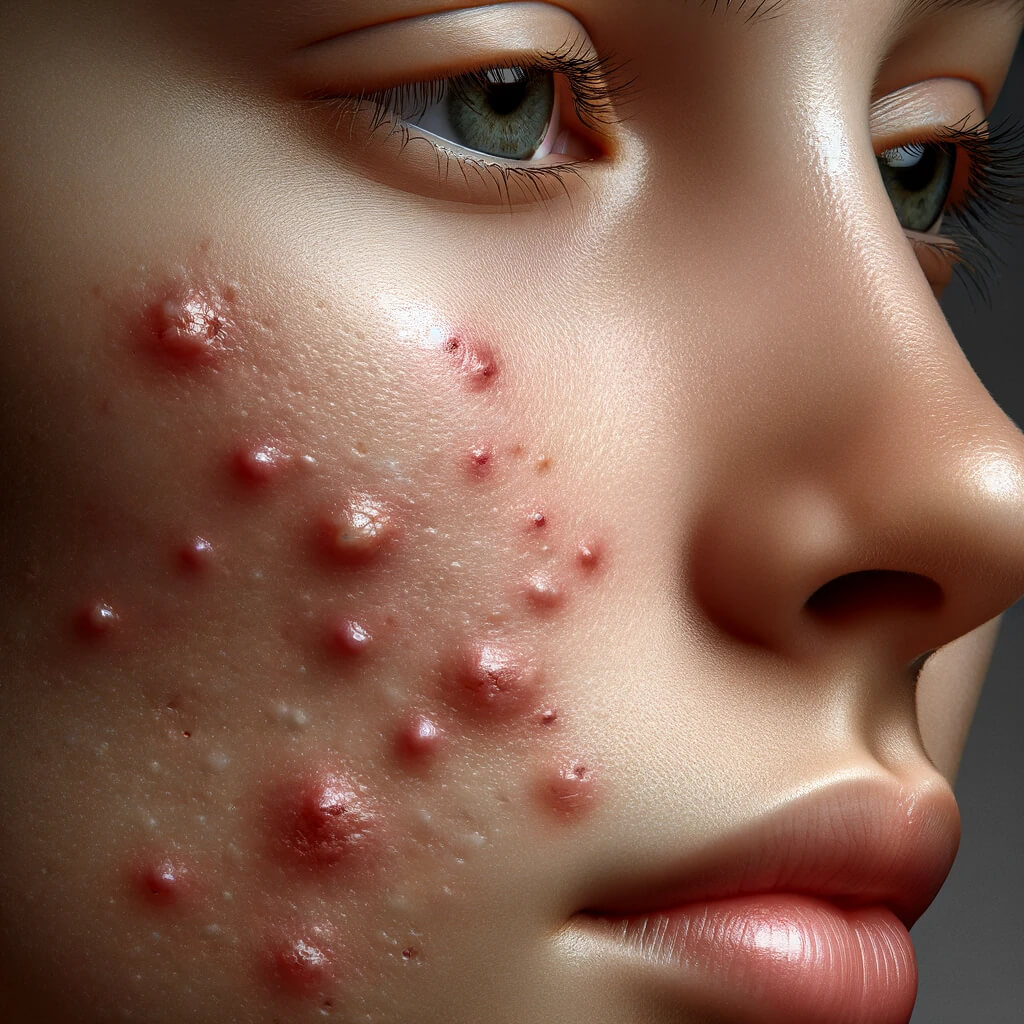 minor acne and the healing process of acne scarring. The skin texture should appear natural